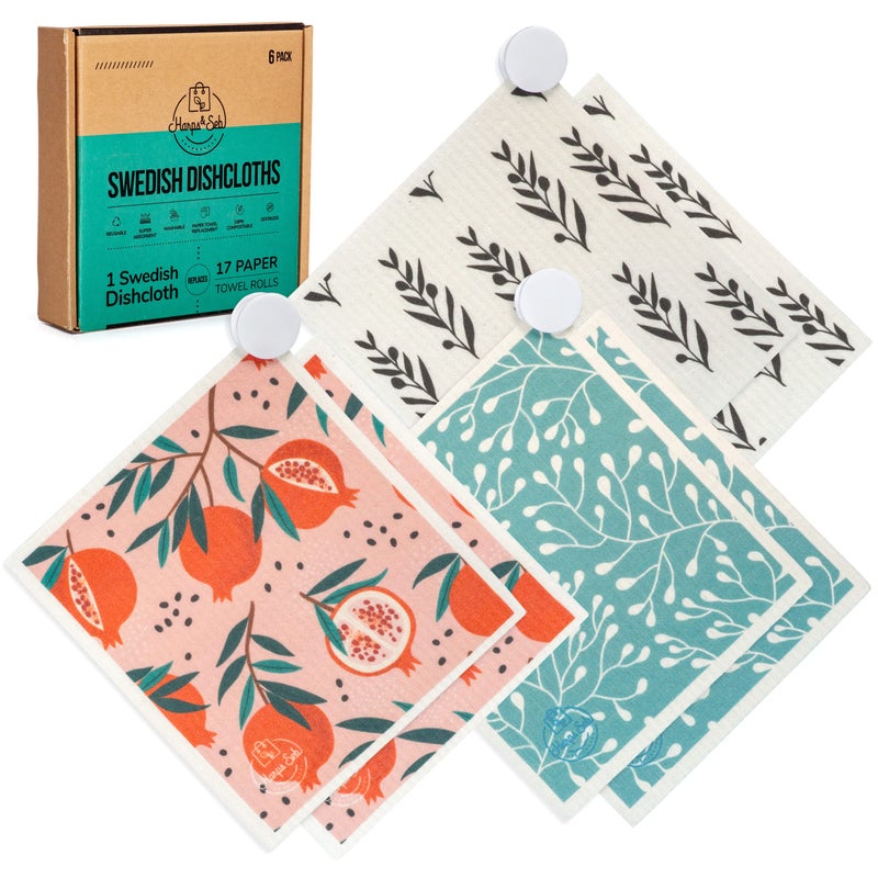 Harps&Seb مناديل أطباق سويدية من Harps&Seb لمناشف أطباق المطبخ - 6 عبوات من مناشف ورقية قابلة لإعادة الاستخدام مع مشابك، مناشف أطباق سويدية فائقة الامتصاص وقابلة للغسل وغير قابلة للخدش، بدون رائحة وقابلة للتحلل البيولوجي - Image 1